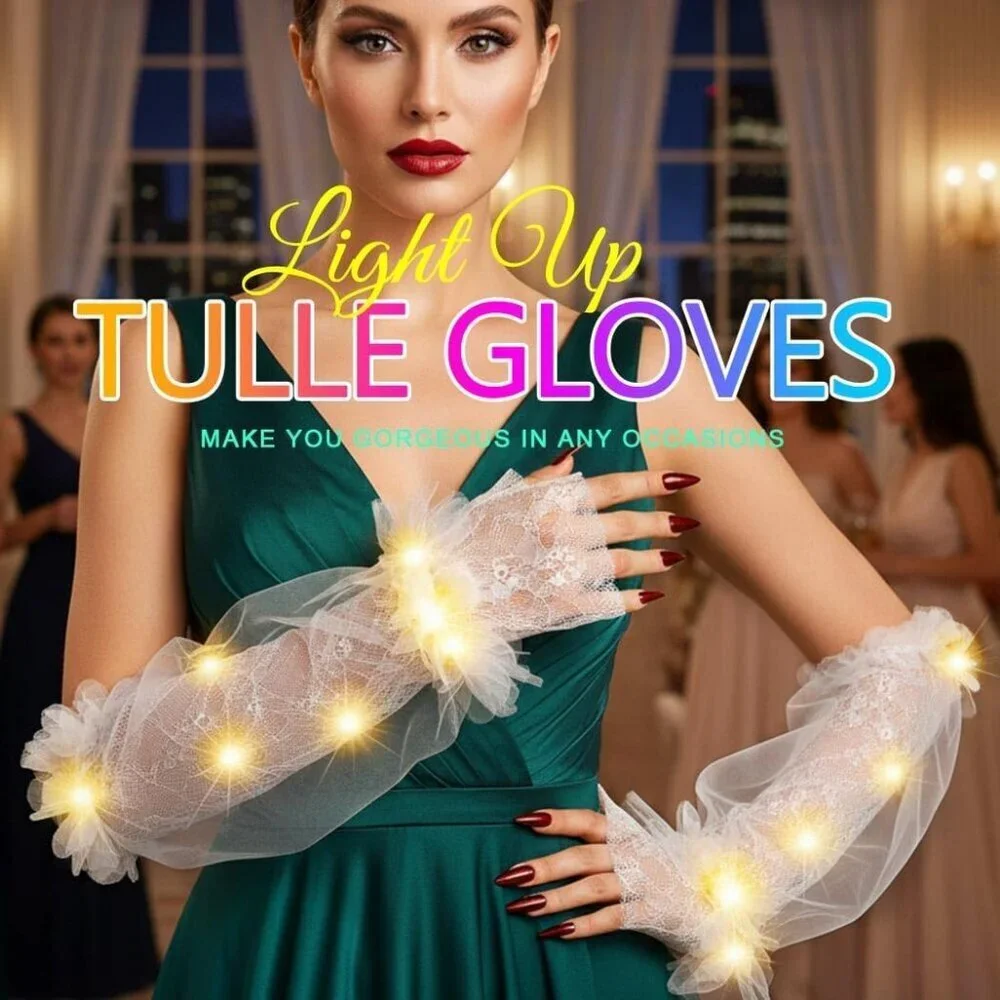 Women's Light Up Led Long Tulle Gloves Elbow Length Arm Sleeves Flower Gloves